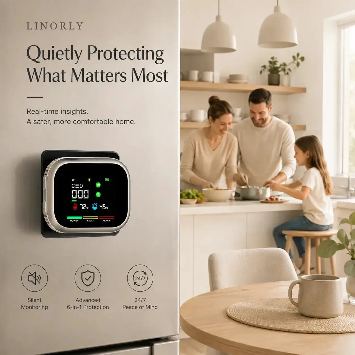 Linorly HomeSense wall-mounted in a family kitchen