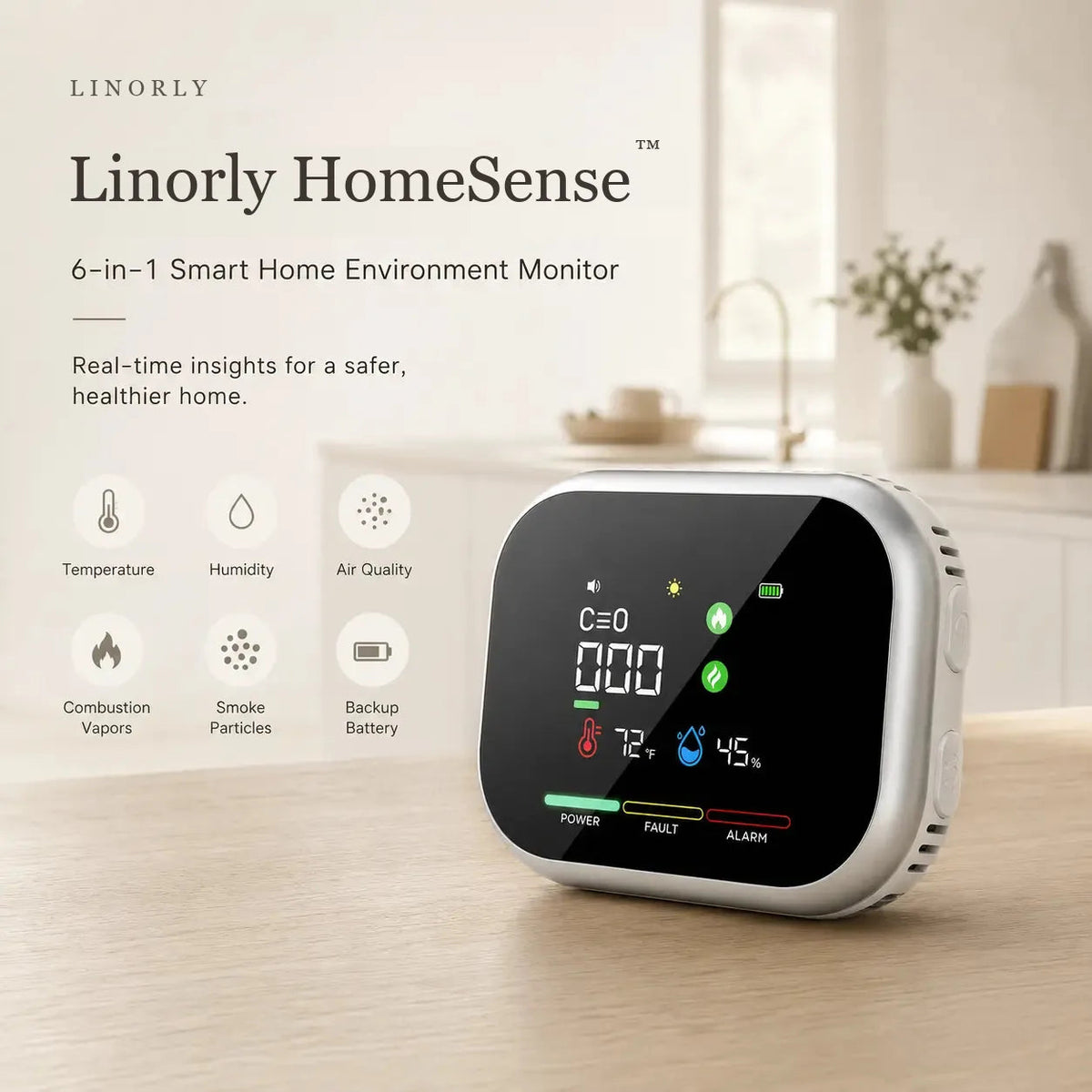 Linorly HomeSense monitor on a kitchen counter