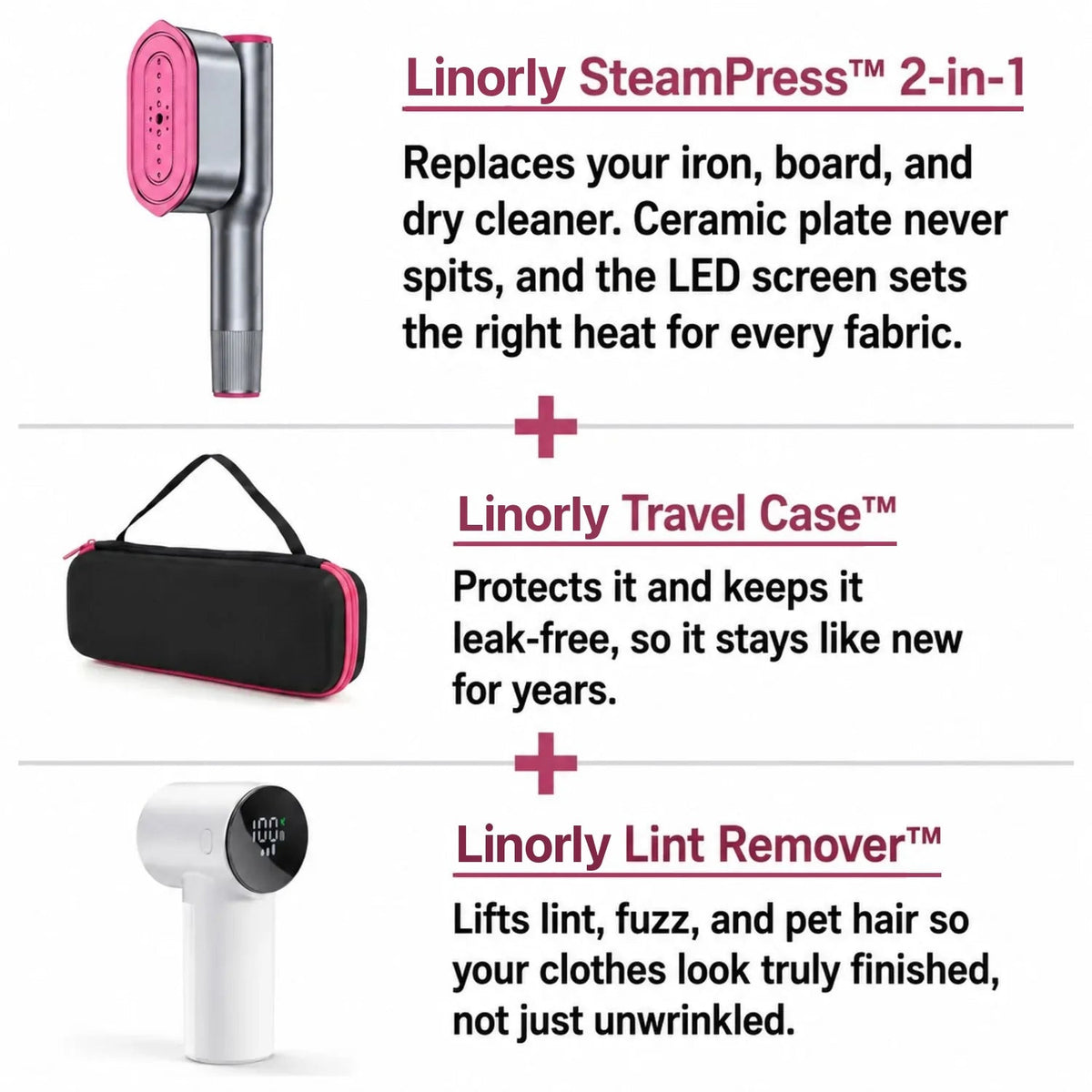 Complete kit: steamer, travel case and lint remover