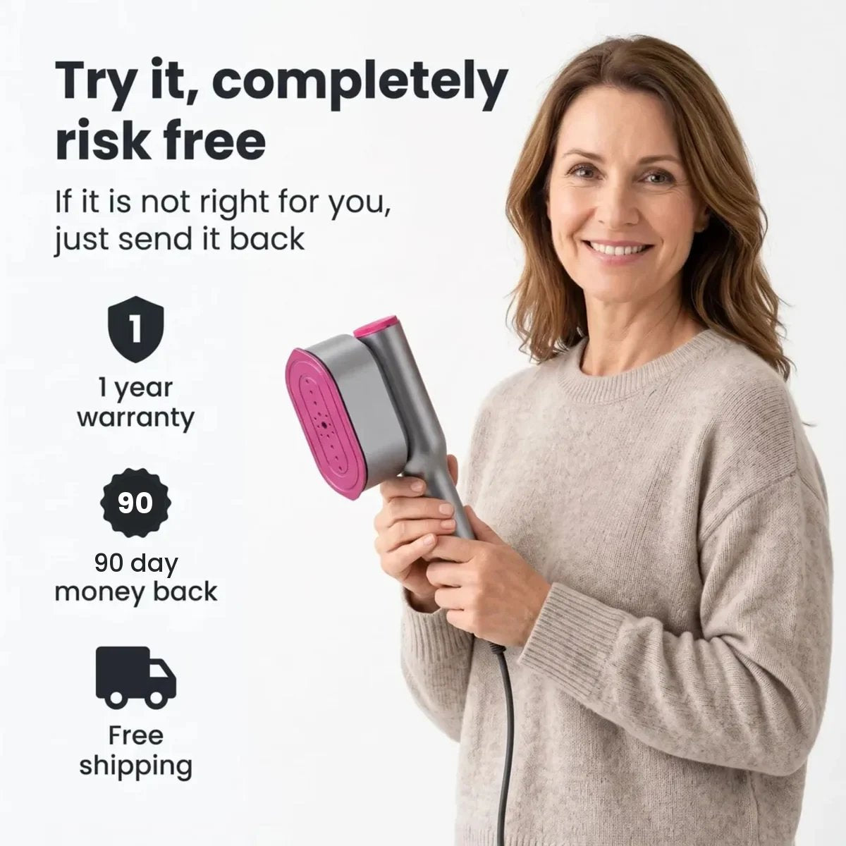Woman holding the Linorly SteamPress handheld steamer